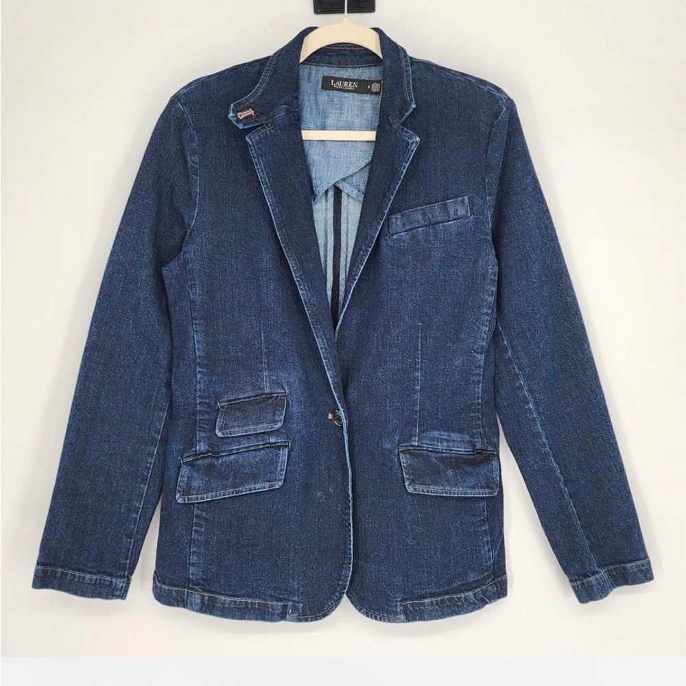 Vintage Lauren Ralph Lauren Denim Military Jacket Mandarin Collar Dark Wash 8